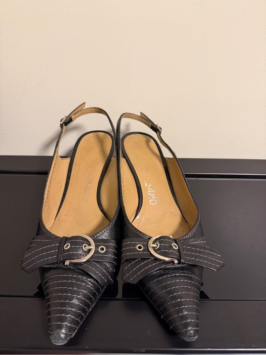 Salvatore Ferragamo Shoes - Salvatore Ferragamo Black Pointed Slingback Kitten Heels with Buckle Detail